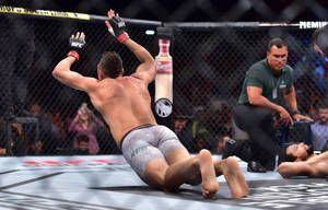 MMA拳手在擊敗對手後在墊子上慶祝勝利。