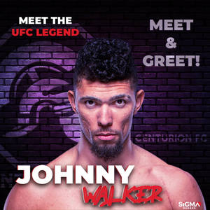 UFC拳手Johnny Walker在見面會活動中，背景為紫色磚牆。