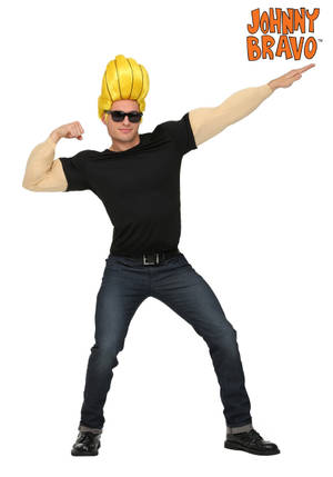 男子打扮成卡通人物Johnny Bravo，擺出自信姿勢。