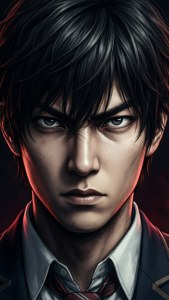 黑髮和銳利眼睛的動畫男性，穿著校服，在紅光下。