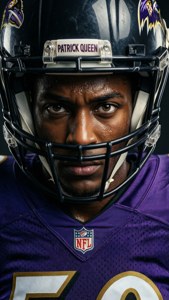 NFL美式足球員派翠克·奎因身穿烏鴉隊制服，透過頭盔凝視。