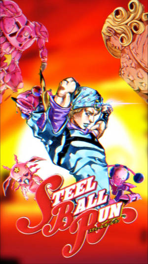 藍色和紫色的動漫角色與機械人形象在火紅背景上跳躍。 — Johnny Joestar 壁紙