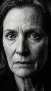 一位眼神強烈、皺紋深刻的老年婦女的特寫肖像。