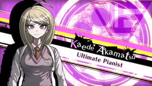 動漫角色 Kaede Akamatsu Ultimate Pianist 穿著校服，搭配紫色背景。