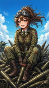 穿著軍裝的動漫女孩在藍天下坐在砲彈上微笑。