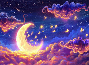 彎月與蝴蝶在星空下多彩的雲朵中飛舞。
