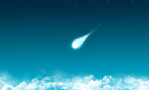 一顆發光的彗星劃過蓬鬆雲朵之上的青綠色夜空。