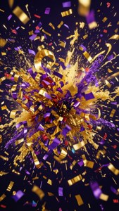 金色和紫色五彩紙屑在深色背景上爆炸。