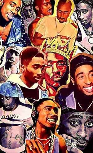 Tupac Shakur的藝術拼貼畫，展示各種姿勢和表情。