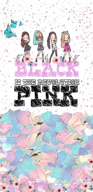 四個動漫風格女孩，文字 Black Is The Revolution Pink，花卉蝴蝶背景。