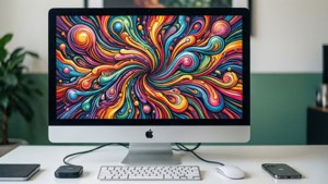 iMac 在乾淨的辦公桌上展示色彩繽紛的抽象漩渦及配件。