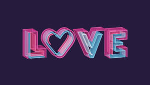 在深紫色背景上，以心形取代O的發光3D字母「LOVE」。