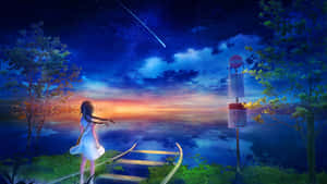 穿白色連衣裙的女孩在黃昏時看著水面上方的流星。 — 星形 壁紙