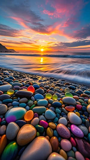 海洋上的夕陽與岸邊彩色鵝卵石 — 蘋果 壁紙