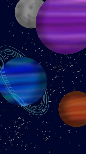 風格化的行星、環和月亮在繁星點點的夜空中。