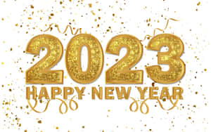 金色2023年新年快樂文字，配以五彩紙屑和彩帶。