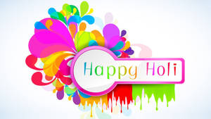 Happy Holi 祝福，粉紅色邊框標誌周圍有彩色油漆潑濺和滴落。 — 1920x1080 壁紙