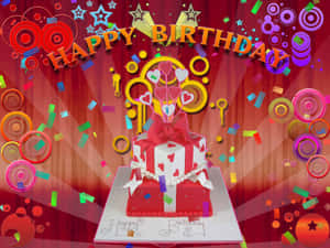 節日生日蛋糕，有心形和蝴蝶結，被五彩紙屑和彩色圖形包圍。