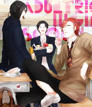 三個動畫學生穿著校服，在書桌前放鬆，享用零食和飲料。