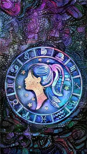 彩繪玻璃黃道輪，女性側面輪廓和占星符號