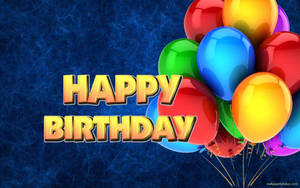 在紋理藍色背景上，彩色氣球與HAPPY BIRTHDAY文字。