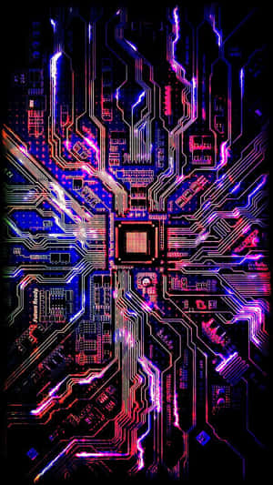 發光的霓虹電路板，帶有複雜的路徑和組件。