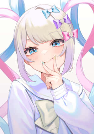 動漫女孩，粉彩髮色和蝴蝶結，微笑著手指放在嘴唇上。