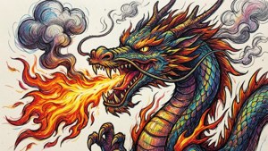 一條色彩繽紛的龍在噴火，周圍有煙霧。