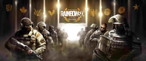 身穿戰術裝備的Rainbow Six Pro League士兵在國家象徵下行進。 — 2560x1080 壁紙