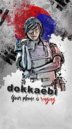 穿著戰術裝備的角色手持武器，文字 dokkaebi 你的電話正在響。 — 惡魔彩虹六號圍攻 壁紙