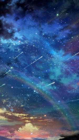 日落雲層上方有流星和彩色星雲的令人驚嘆的動漫風格夜空。 — 銀河 壁紙