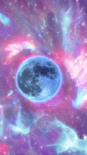藍色月亮被色彩繽紛的宇宙雲和星星環繞 — 銀河 壁紙
