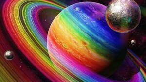 深空中帶有發光環和衛星的彩虹行星