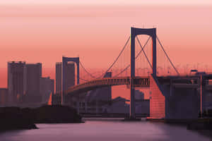 東京彩虹橋在日落時分，粉紅天空與城市天際線 — 通往泰拉比提亞之橋 壁紙