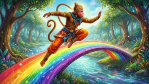 一隻神話中的猴子躍過魔法森林中河流上的彩虹。