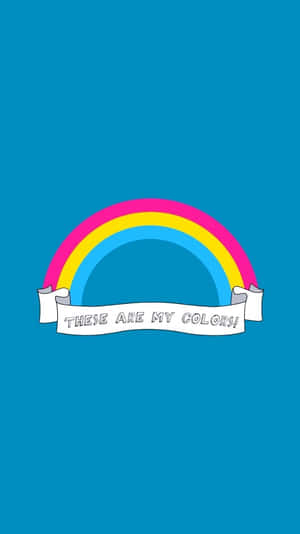 一個卡通彩虹，帶有橫幅寫著 THESE ARE MY COLORS!，背景是青色。