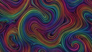數位抽象圖案中動態的旋轉彩虹線條。