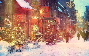 白雪覆蓋的城市街道，閃亮的商店櫥窗，行人走在節日燈光下。