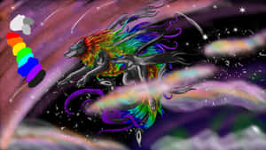 一隻帶翅膀的彩虹色狼在星光宇宙場景中飛翔。