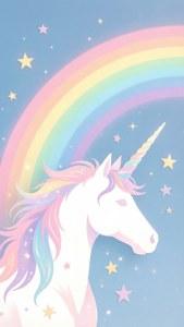 白色獨角獸，彩虹鬃毛和角，在彩虹和星星下
