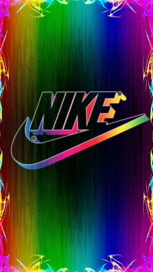 故障風格的Nike標誌在彩虹漸變背景上，帶有電光霓虹邊框。