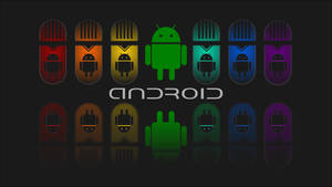 Android機械人標誌，在黑暗背景上帶有發光的彩色圖標