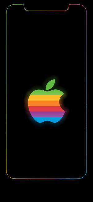 彩虹Apple標誌在黑色手機屏幕上發光，帶有霓虹邊框。