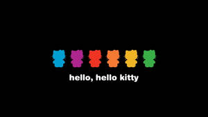 六個彩虹色的Hello Kitty剪影，下方有文字，黑色背景。