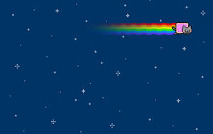 像素貓與粉紅色盒子在繁星夜空留下彩虹痕跡