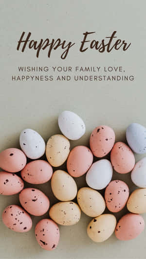 在米色背景上以粉彩斑點蛋呈現的Happy Easter祝福語。 — 復活節 壁紙