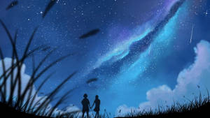 兩人在星空下牽手，背景有宇宙雲和流星。