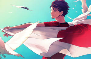 黑髮的動漫男孩微笑著，白鳥在他周圍飛翔，在青綠色的天空中。