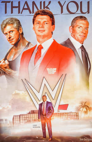 WWE致敬海報，Vince McMahon和三位摔角手在日落天空下。