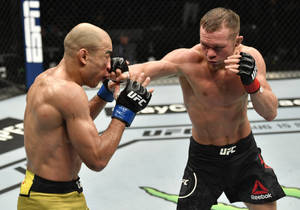 兩名男性拳手在UFC八角籠中比賽時互相出拳。
